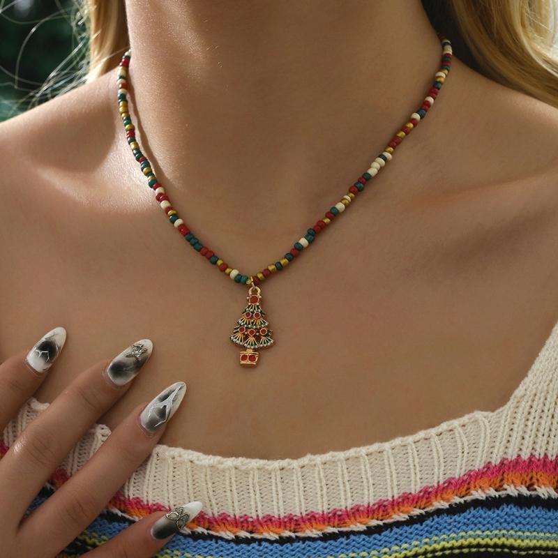 Rice Beads Christmas Tree Necklace Handmade Christmas Necklace for Women Colorful Beads and Festive Ornament Charm