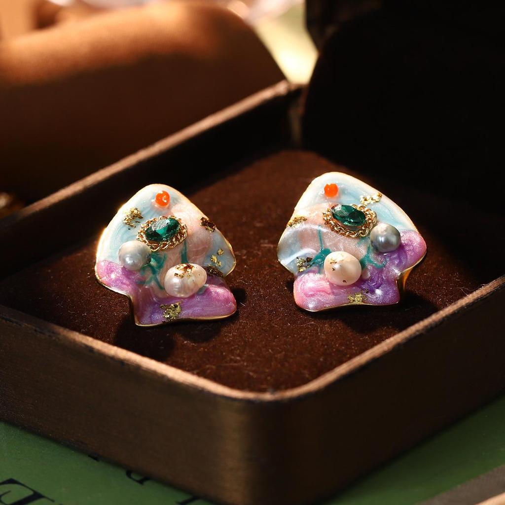 2024 Pearl Heart Flower Oil Painting Enamel Stud Earrings - Advanced Design Jewelry