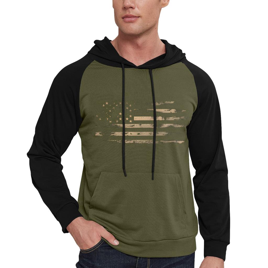 Men's Casual Hooded Drawstring Long Flag Print Sweatshirt With Pockets
