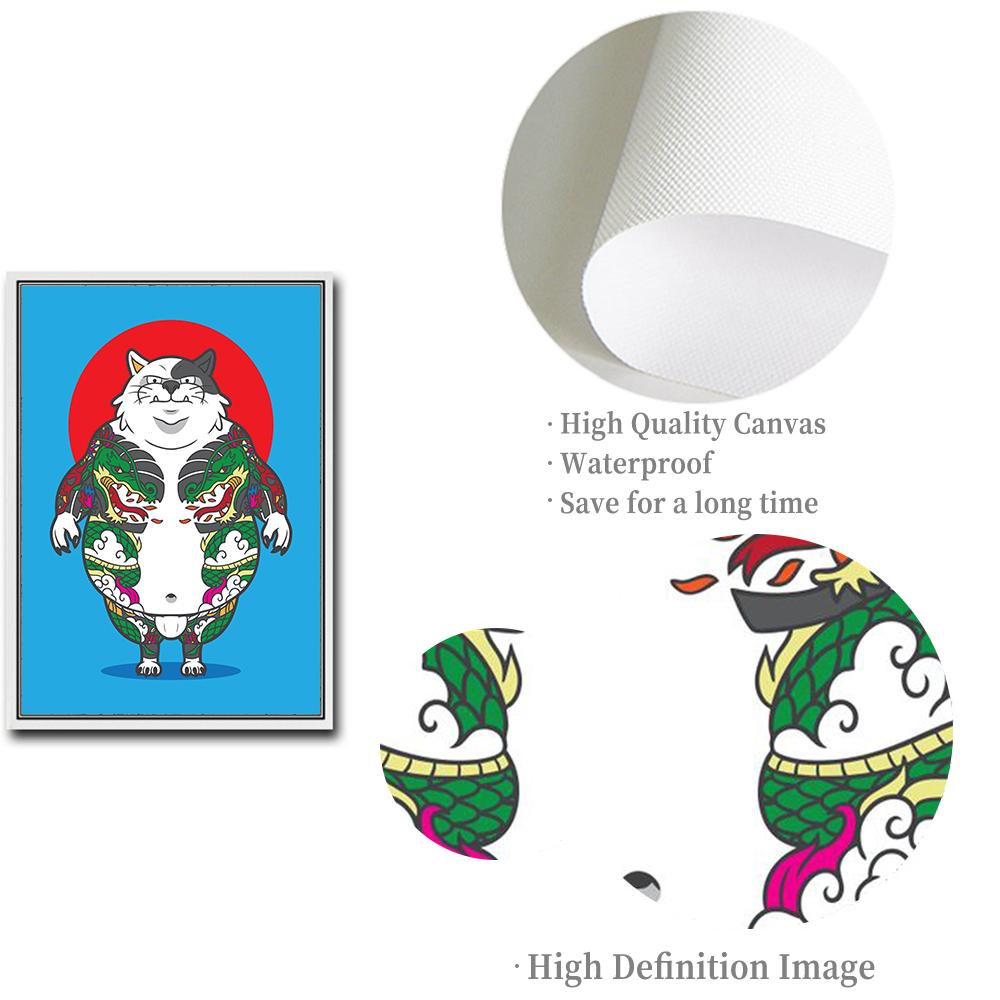 Grim Tattoo Cat on Red Sun Canvas Painting Funny Cute Cat Samurai Poster Print Kids Bed Home Room Wall Art Decoration Pictures