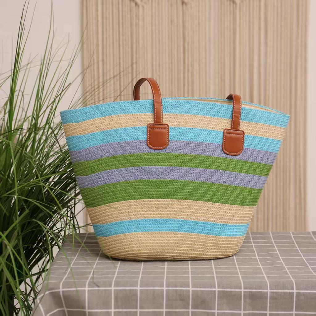 French Striped Straw Tote Bag - Large Capacity for Travel, Vacation, Beach, and Casual Commutes