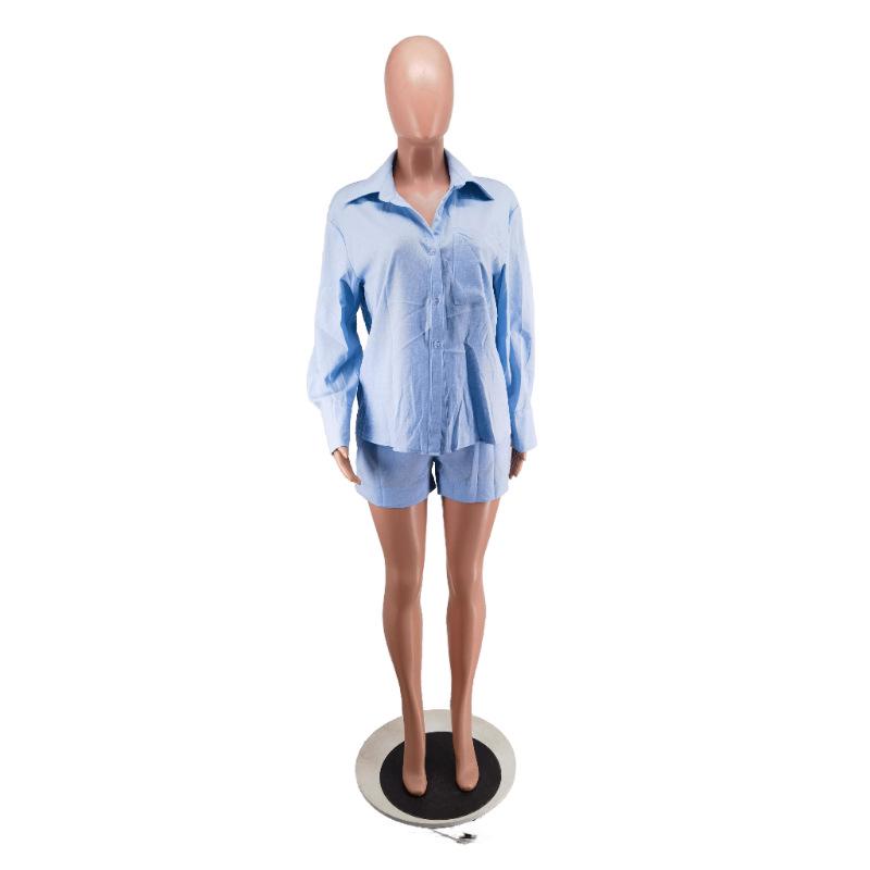 2024 Trendy Women's Casual Suit: Long Sleeve Shirt & Shorts Set
