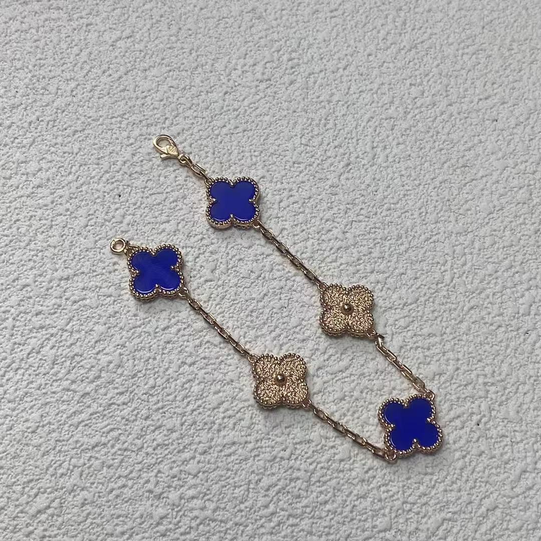 

Модный браслет «Четырехлистный клевер», браслет «Пятицветок» женский с горячим тиснением, синий перламутр, розовое золото 18 карат, версия High, браслет с ЧПУ розового золота