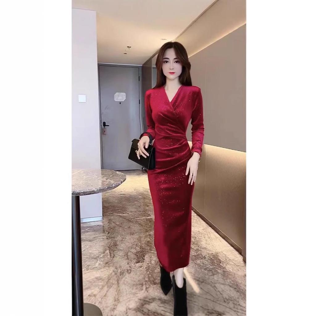 Rochie Hepburn cu paiete din catifea neagră cu decolteu în V, care subțiază - Toamnă, lungime medie, cu mâneci lungi, croială slim