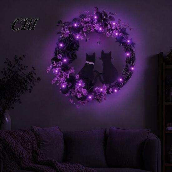 Halloween Floral Hanging Decoration Garland, with String Lights, Black Cat Silhouette Glow Moon Lights Wreath, for Front Door Indoor Outdoor