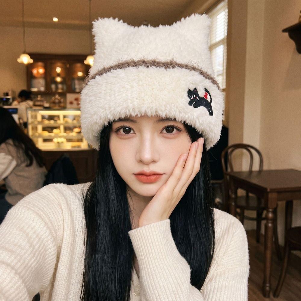 Cold Proof Plush Knit Hat Warm Cat Ear Hat Comfortable Fall Winter Skull Cap Casual Wear