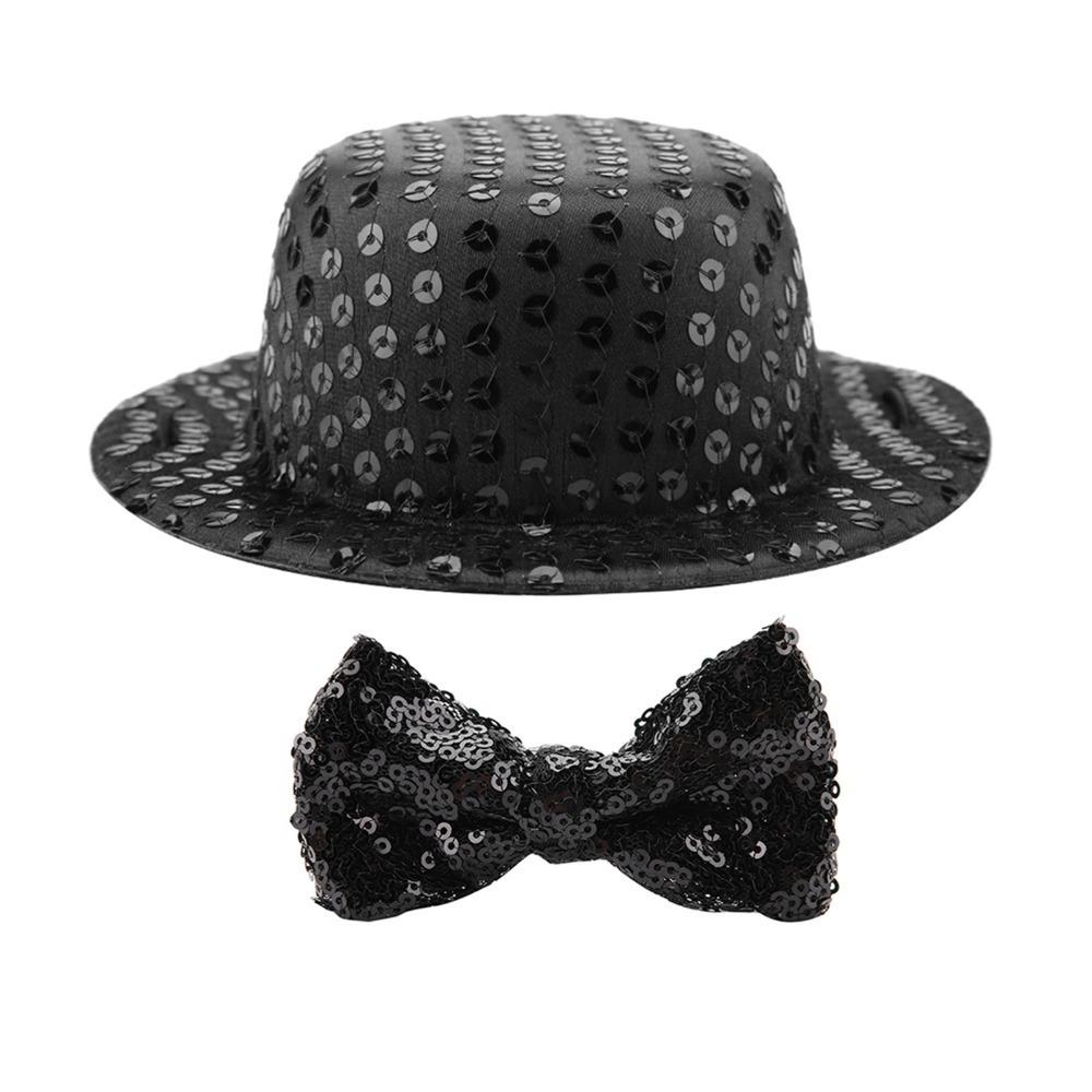 Adjustable Neck Band Pet Sequin Top Hat Black Sequin Surface Cat Evening Costume Holiday Gathering Hat & Bow Tie