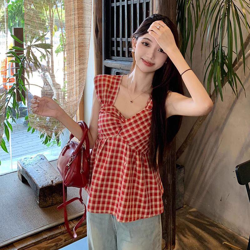 Summer 2026 Red Plaid Flutter Sleeve Square Neck Slimming Blouse for Women