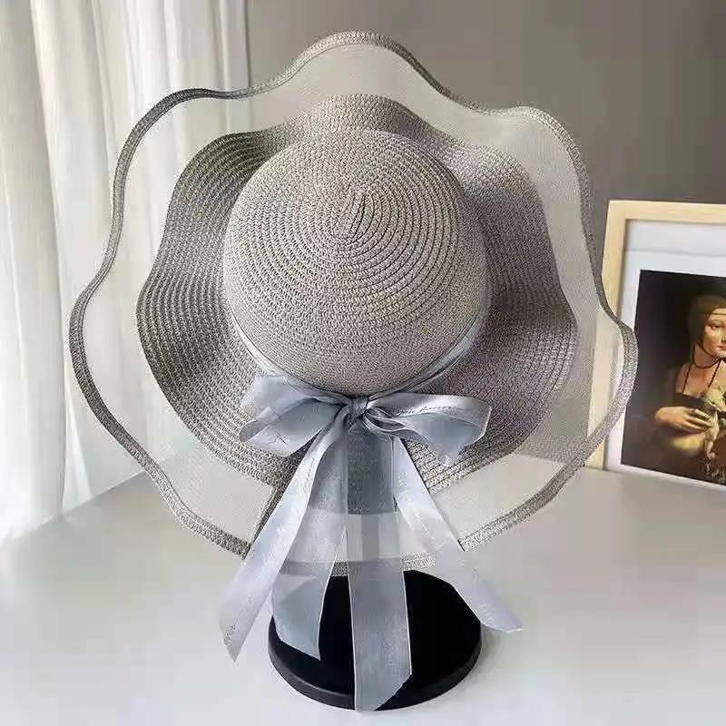 

Пляжний капелюх Жіночий літній сонцезахисний крем із сітчастим бантом і великими полями Капелюх від сонця one size сірий