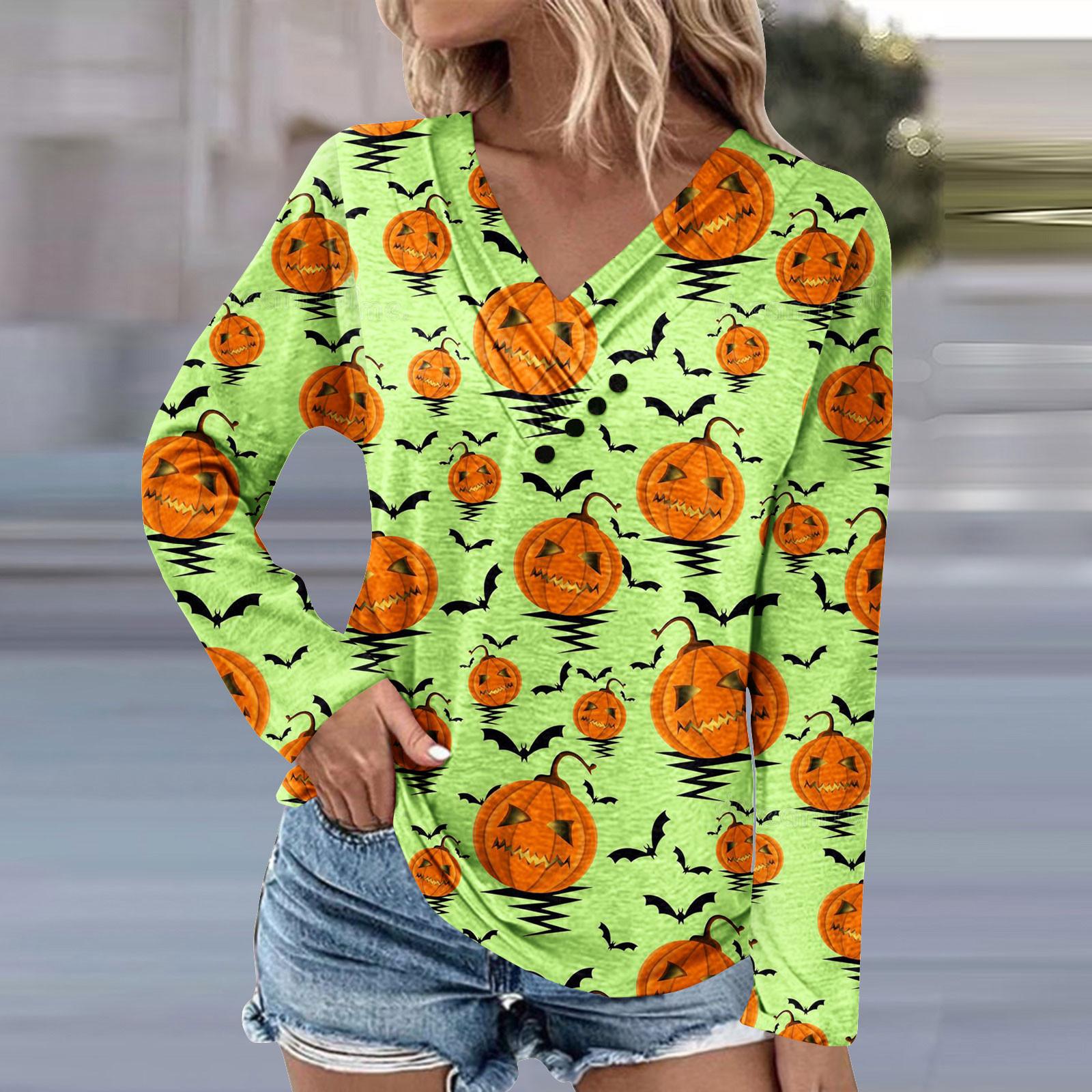

Блузки с длинным рукавом для женщин, повседневная рубашка на пуговицах с v-образным вырезом, блузка с принтом на Хэллоуин, топы, свободная осенняя рубашка, топ S зелёный