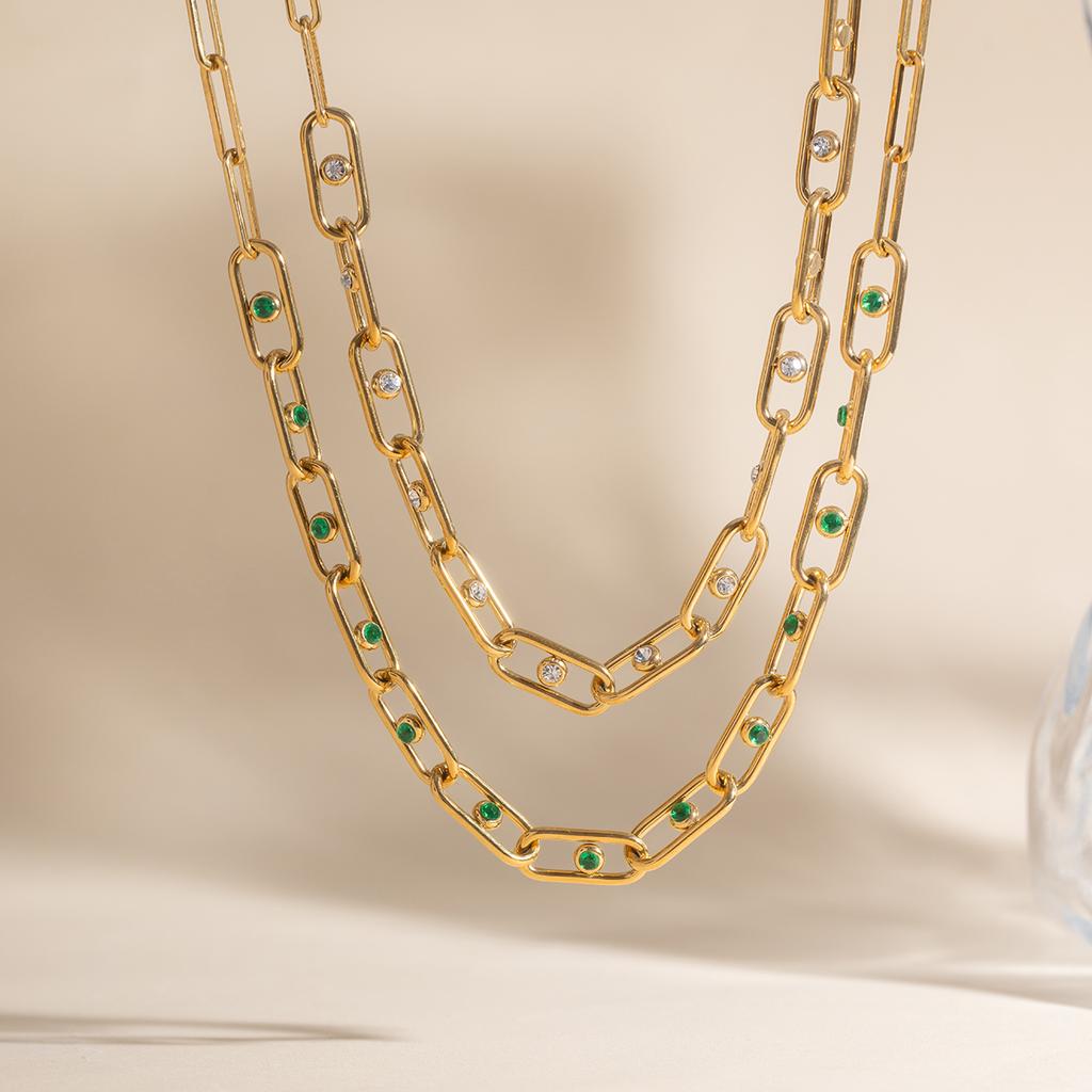 Youthway White Green Crystal Necklace For Women 18K Gold Plated Stainless Steel Paperclip Chain Necklace Fashion Jewelry Gift