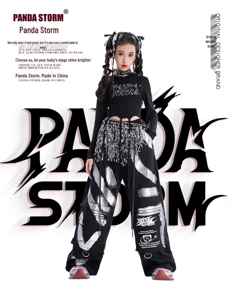 Girls' Sparkly Jazz Dance Long-Sleeve Outfit: Fashionable Street Dance T-shirt & Pants Set