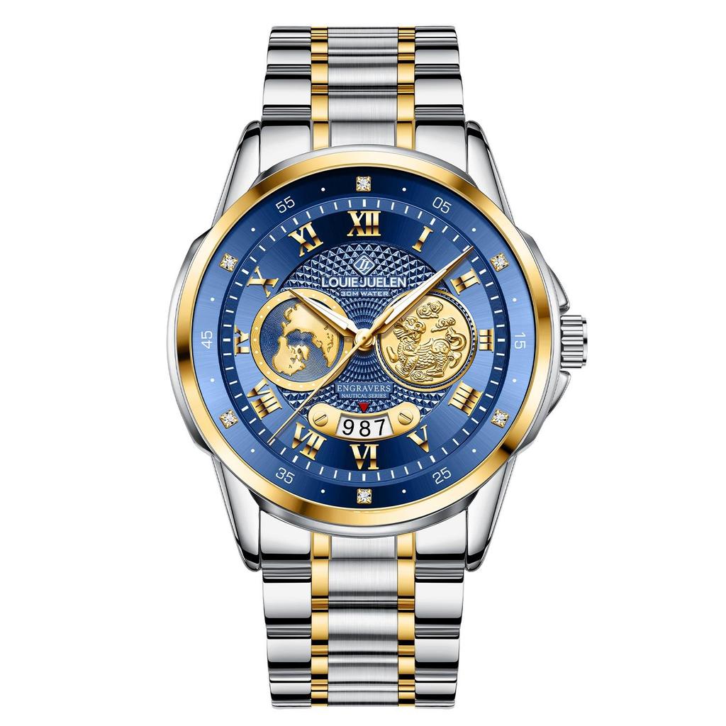 Luxury Gold Engraved Watch for Men Stainless Steel Waterproof Business Quartz Wristwatch with Date, Ideal Gift for Father's Day & Anniversaries