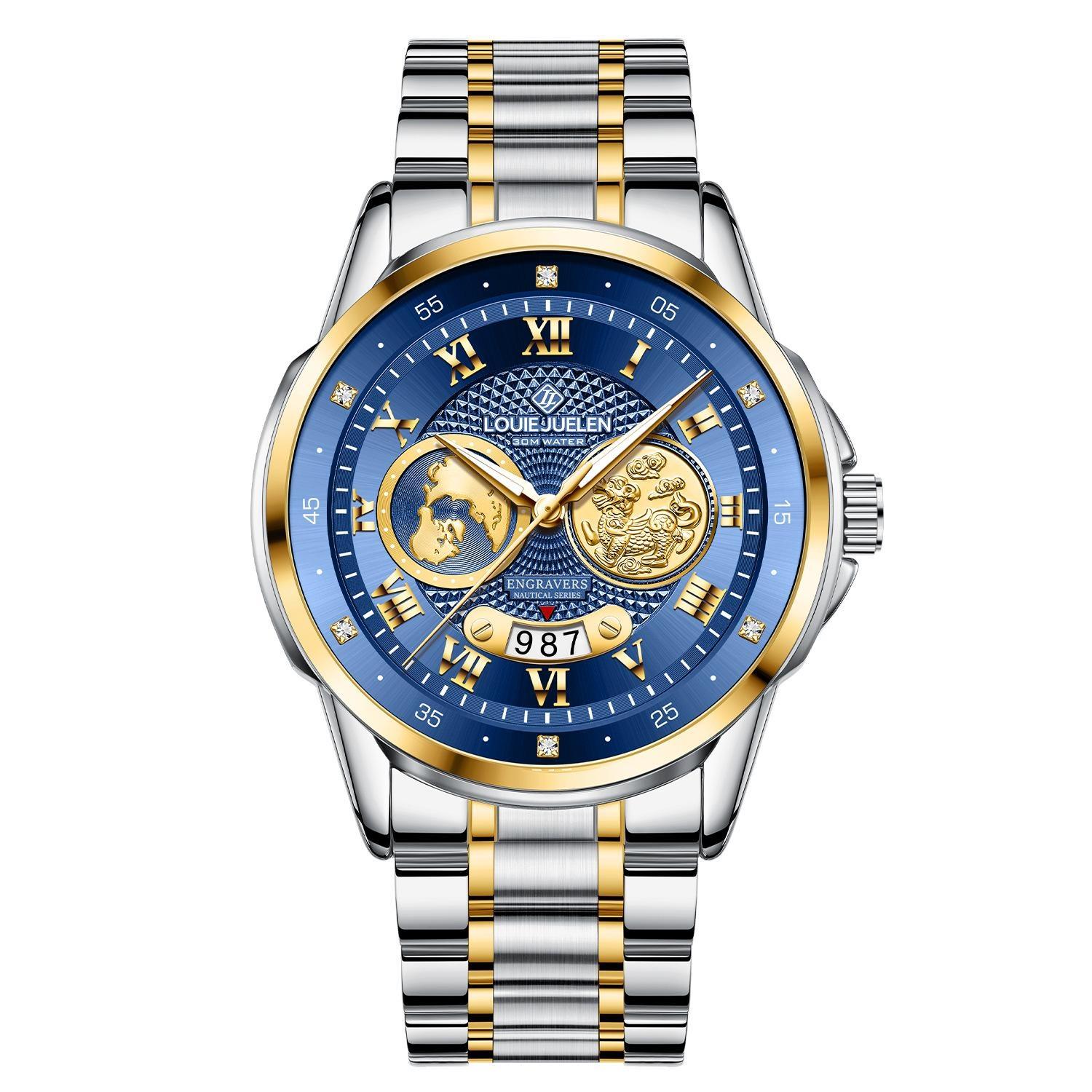 

Men s Business Watch Luxury Stainless Steel Waterproof Engraved Dial with Date Function Quartz Wristwatch for Men синій