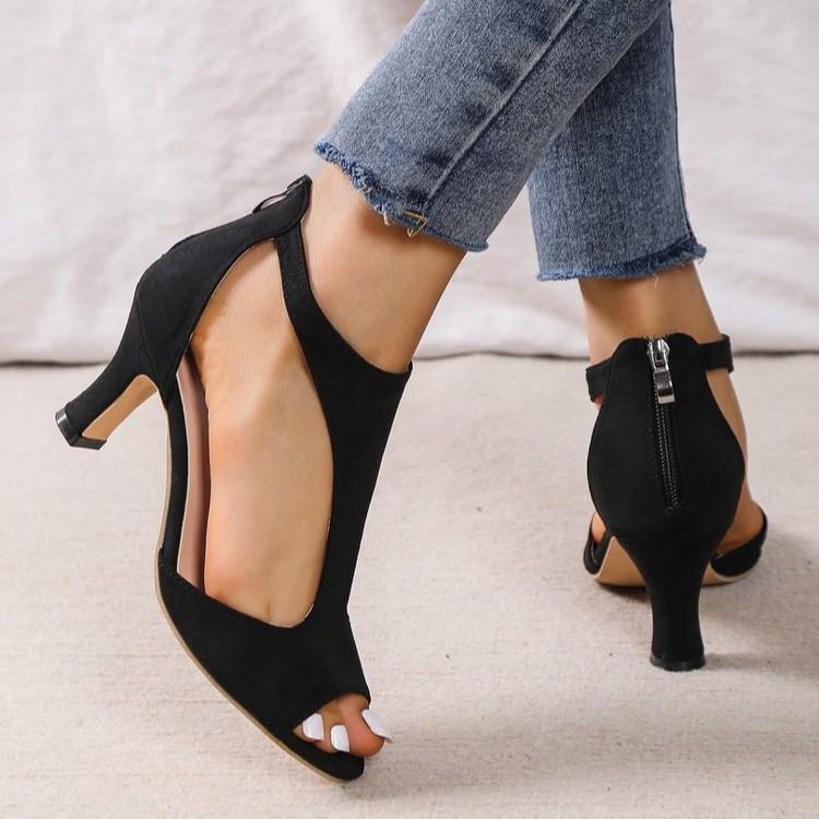European and American large size 2025 high-heeled sandals women's shoes fish mouth side empty thin heel open-toed Roman style fashionable and vers