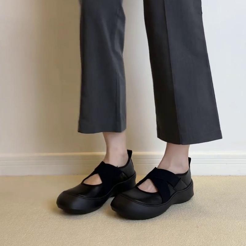 Sheepskin version~ platform sports cross strap Mary Jane small leather shoes round head ballet shoes women's shallow mouth retro single shoes