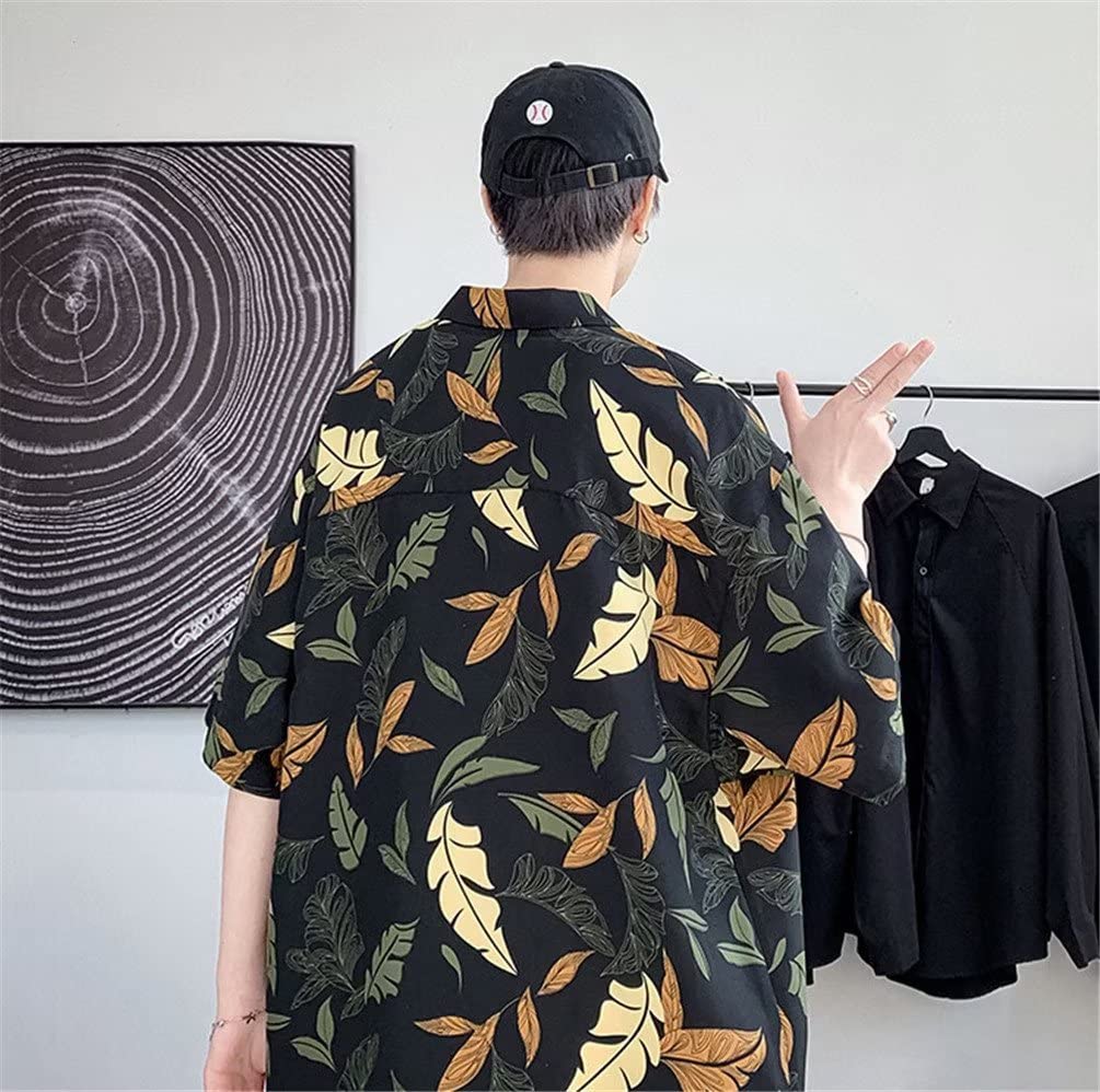 Trysimple Casual Aloha Summer Short Sleeve Shirt with Leaf Open Half and Design Men's Shirt, Print, Collar, Sleeves, Figure-Flattering (3XL, Black)
