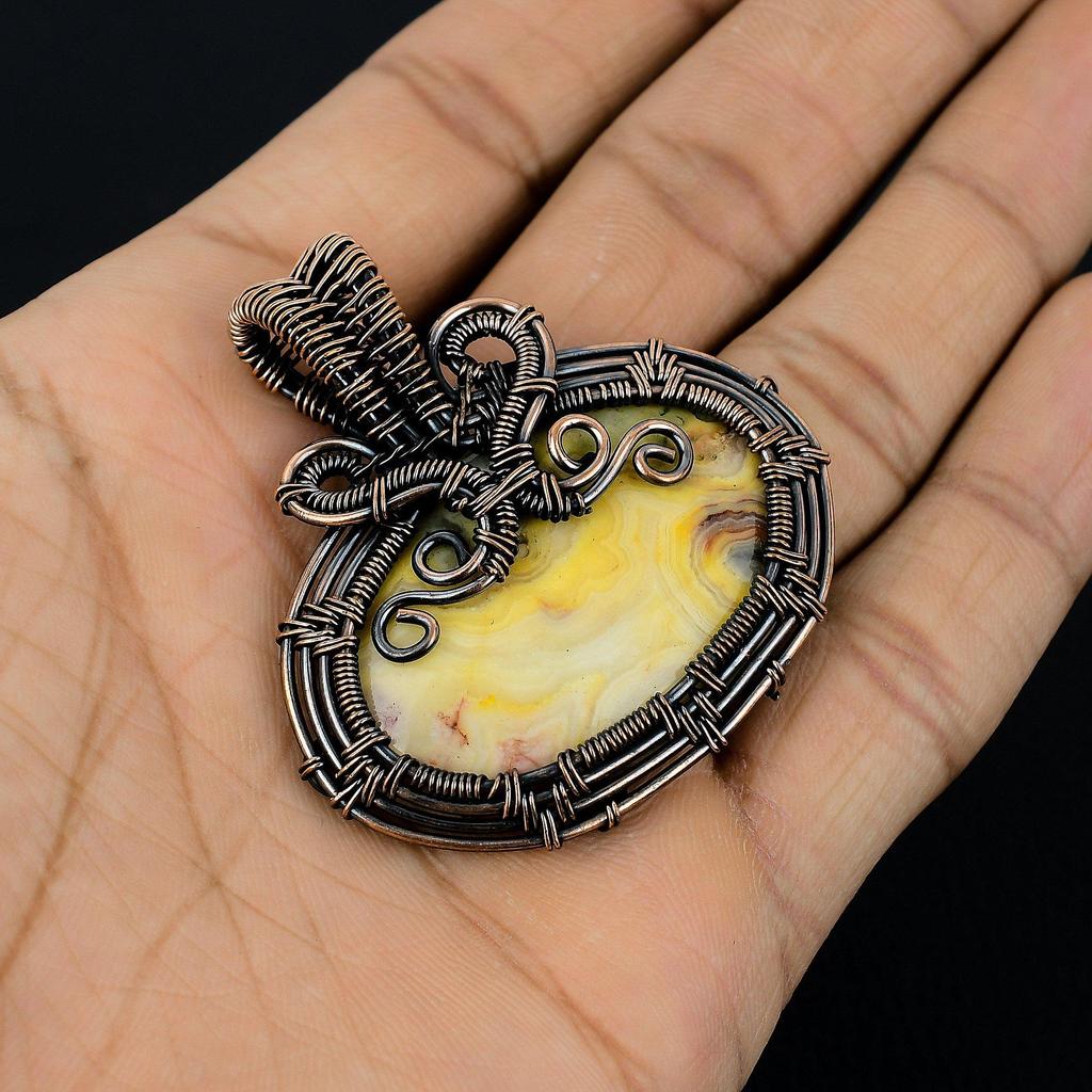 Yellow Laguna Lace Agate Pendant Gemstone Handmade Jewelry,  999 Copper Wire Wrapped Pendant, Gift For Wife Jewelry