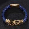 Punk Men Blue Leather Bracelet Stainless Steel Charm Bangles Gold Colour Handcuffs Fashion Jewelry Wristband BB0743