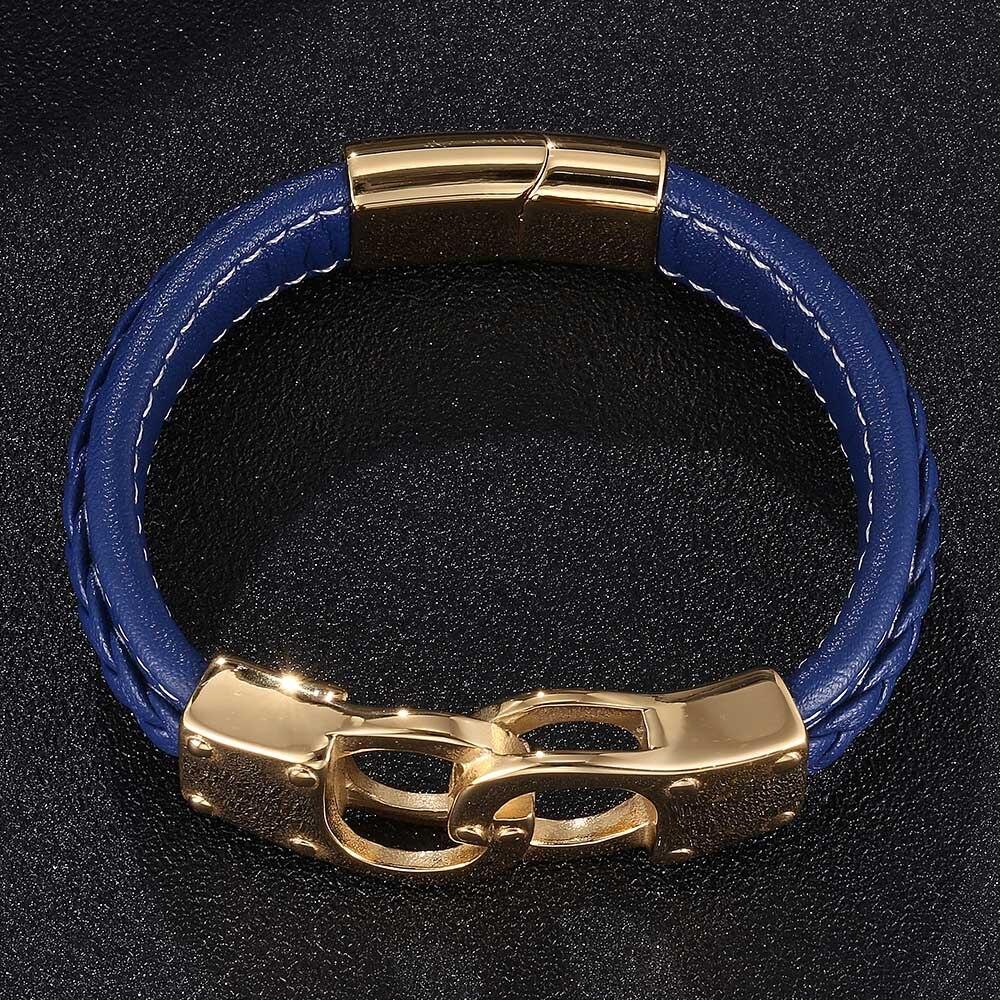 Punk Men Blue Leather Bracelet Stainless Steel Charm Bangles Gold Colour Handcuffs Fashion Jewelry Wristband BB0743