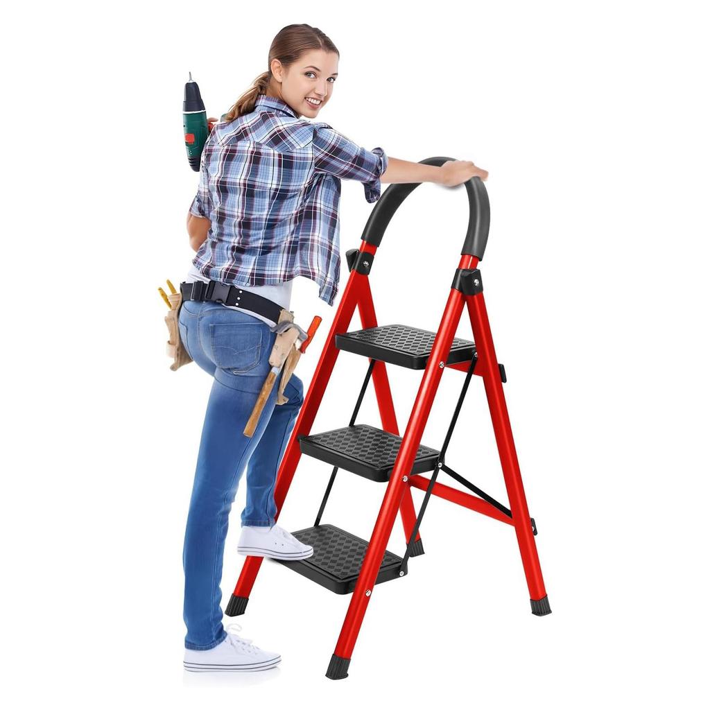Vertical Ladder Step Ladder, 3 Folding Stool, Multi-Purpose Collapsible for Three Home or RV Outdoor Work, Heavy Duty 330 Lbs Load (White, Red)