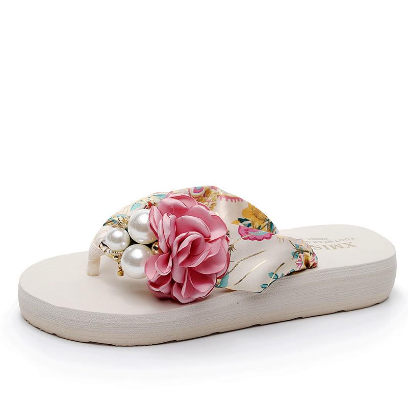 Korean Style Women's Summer Parent-Child Flower Wedge Flip-Flops: Non-Slip Thick Sole Beach Sandals for Outdoor Wear