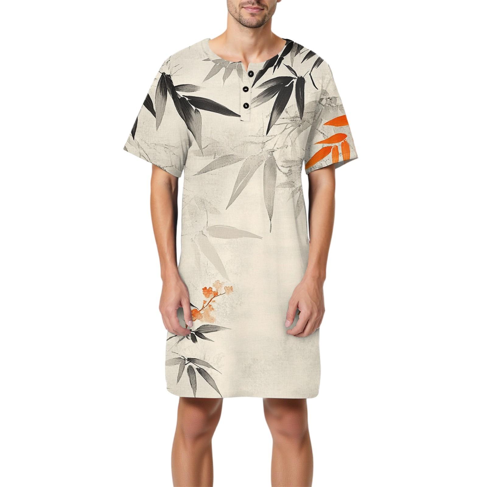 Мужская мода Принтованная хлопковая пижама с коротким рукавом Воротник на пуговицах Длинная свободная домашняя одежда XXL бежевый 1980₽