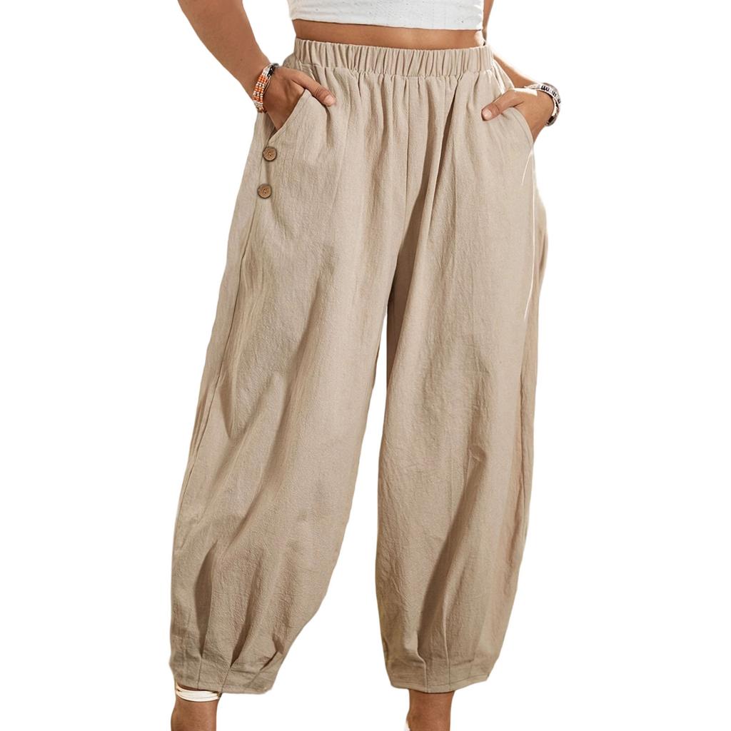 Neue Mode Damen Karottenhose Stoff Geknöpfter Aufschlag Elegante Damen Karottenhose
