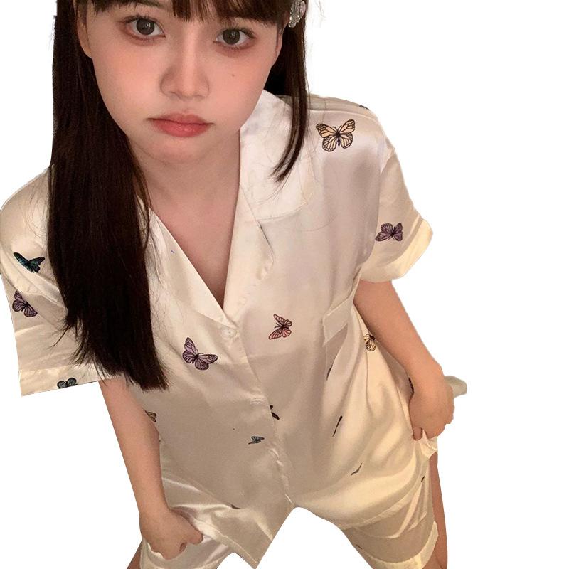 Spring And Summer Ice Silk Pajamas Women'S Short-Sleeved Shorts High-End Butterfly Printing Loungewear Can Be Worn Outside