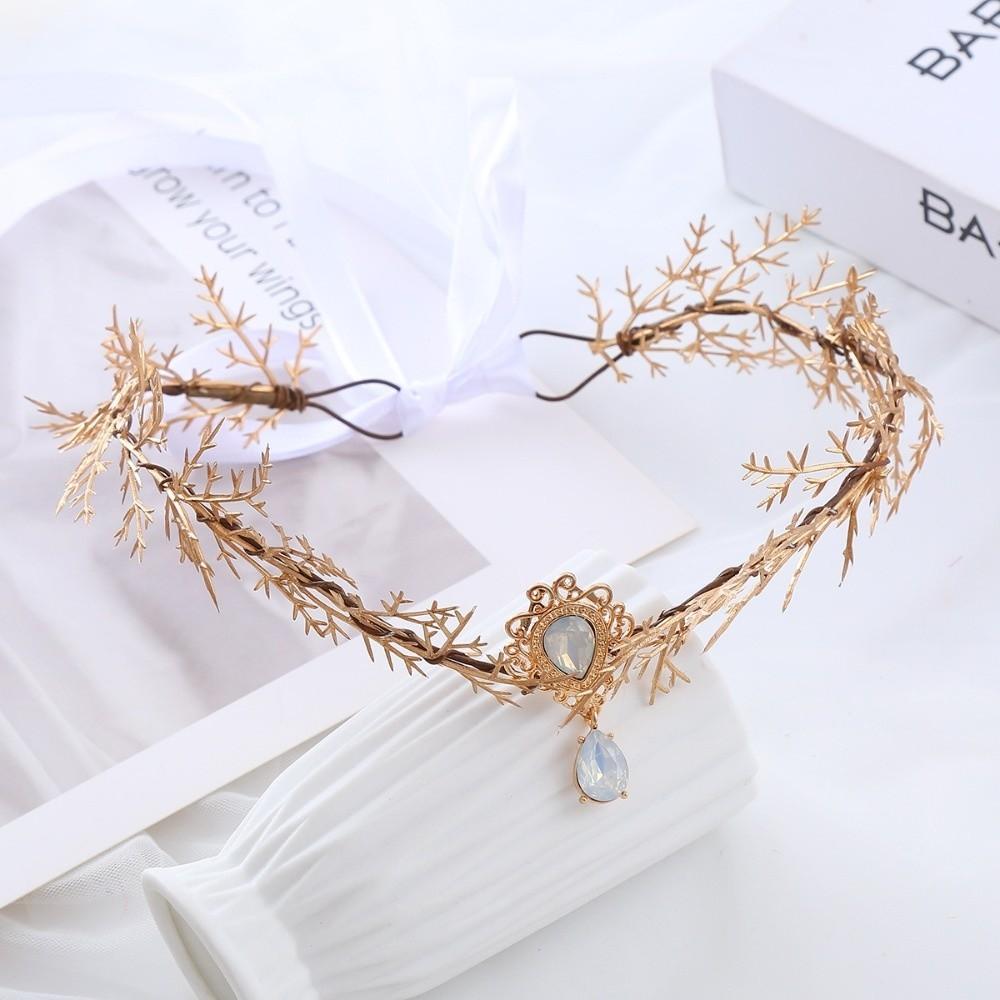 Renaissance Bridal Forehead Chain Green Gemstone Branch Leaf Headpiece Outdoor Photo Prop
