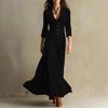 Robe longue unie pour femme, style européen et américain, avec revers boutonnée, jupe évasée cintrée à la taille et manches sept-quarts, pour 2025.