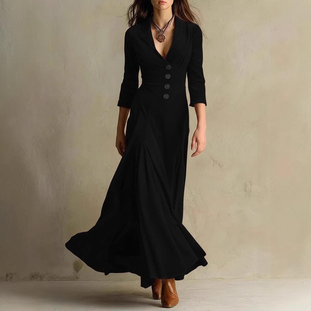 Robe longue unie pour femme, style européen et américain, avec revers boutonnée, jupe évasée cintrée à la taille et manches sept-quarts, pour 2025.