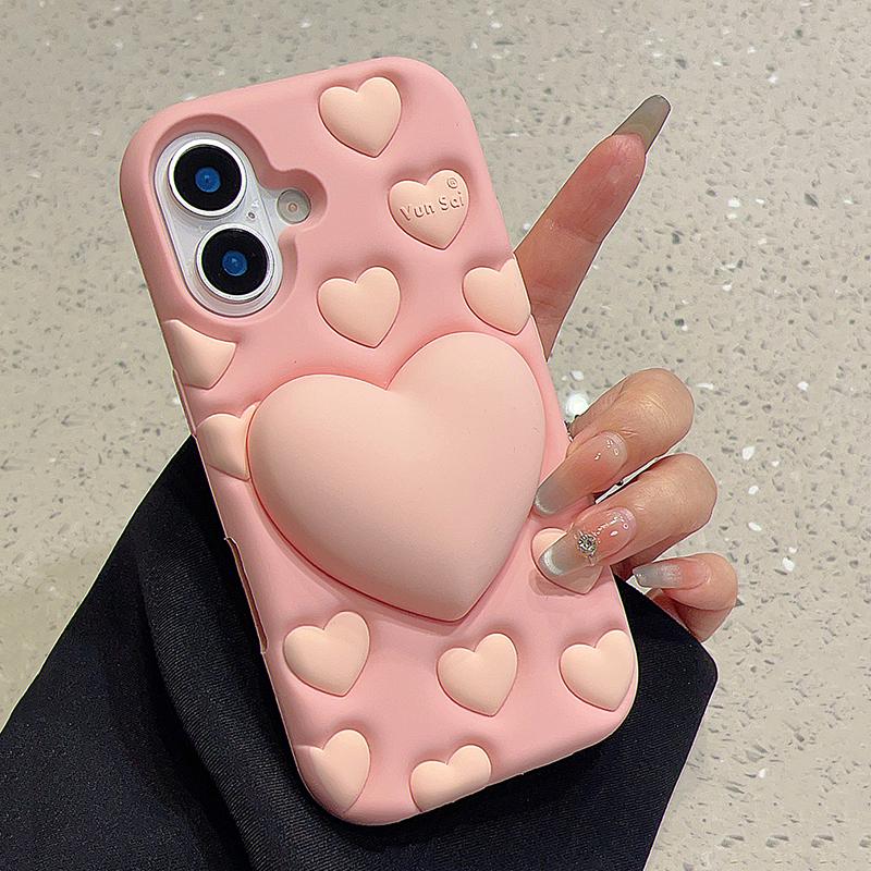 Pink 3D Love Heart Stand Holder Decompression Case For For Iphone 16 1 13 14 12 Pro Max Soft Silicone Phone Cover