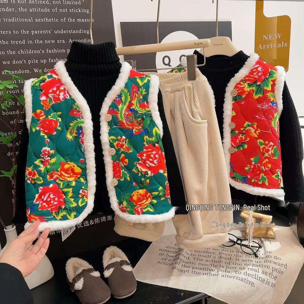 Children's Chinese-Style Fleece-Lined Cotton Vest for Autumn/Winter - Floral Design, Warm New Year Outfit