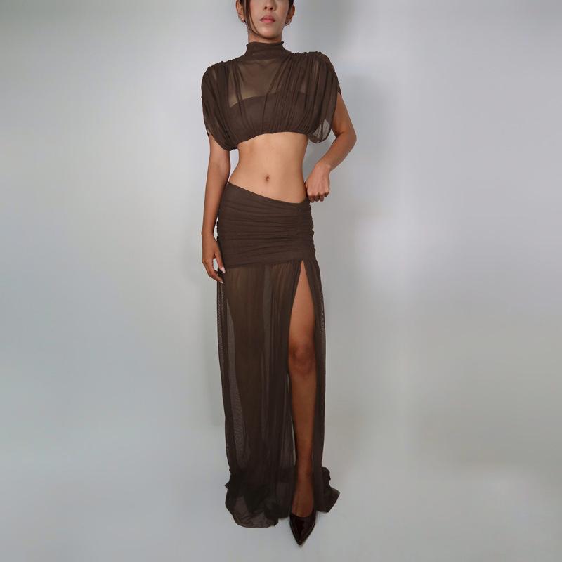 

European and American women s clothing spring new solid-color mesh short sexy open-button top split-ended skirt suit women S бордовый
