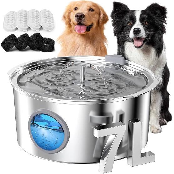 Dog Water Fountain Stainless Steel: 7L/1.8Gal Large Dog Fountains Quiet Automatic pet Drinking Dispenser - Indoor Cat Watering Fountains for Pets Stainless Steel