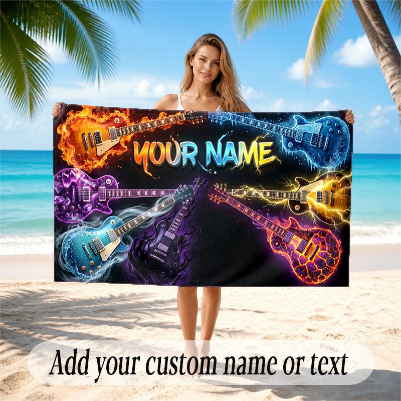Music Guitar Theme Beach Towel Personalized Custom Name & Text Soft Quick Dry Beach Towel for Swimming Travel