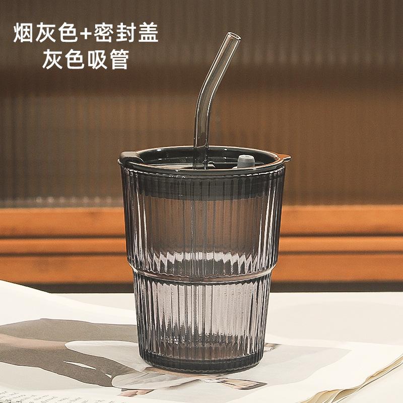 400ml Stripe Glass Cup Transparent Glasses With Lid and Straw Ice Coffee Mug Tea Cup Juice Glass Milk Water Cup Drinkware