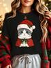 Cute Santa Cloak Grey White Cat Womens Crew Neck Short Sleeve T Shirt Xmas Holly Bow Holiday Casual Graphic Tees For Ladies