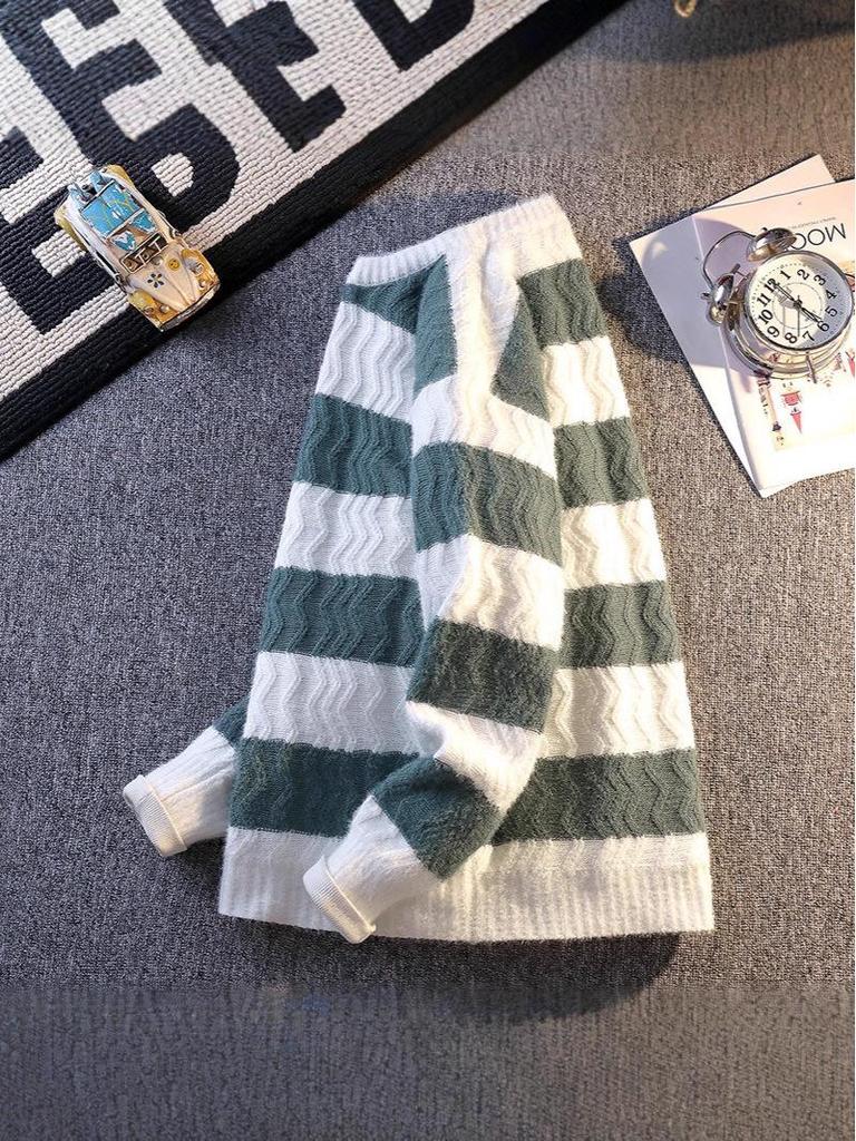 Korean Style Color Block Striped Pullover Sweater for Men - Warm, Loose Fit, Round Neck (2025 Autumn/Winter Collection)