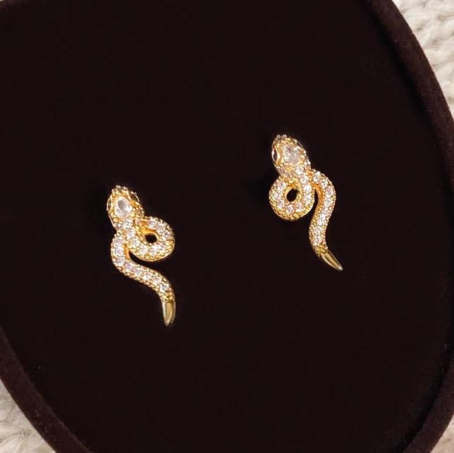 PONYKISS Sterling Silver 18K Gold Zircon Twisted Snake Stud Earrings for Women Mini Cute Fine Animal Accessories