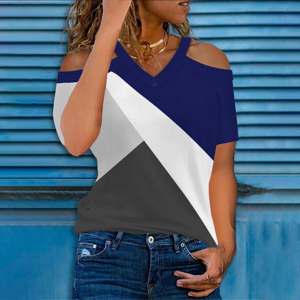 Amoretu Women's V-Neck Short Sleeve Tee - Casual Summer Blouse, Grey, Size M, Cotton, Loose Fit - View #6