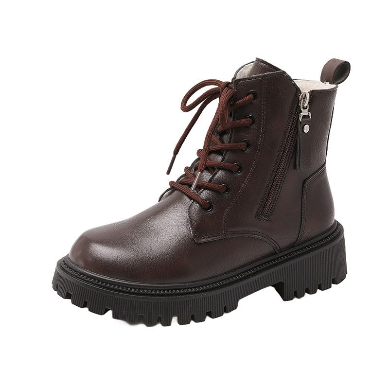 Women Genuine Leather Ankle Boots Zipper Short Plush Brown Women's Ankle Boots Platform Thick Heel Motorcycle Boots Women Shoes