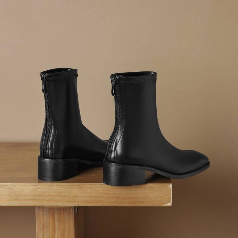 

Корейская версия кожаные женские ботинки средний каблук большой размер квадратный носок задняя молния рыцарские ботинки женские осень и зима однотонные квадратные 39