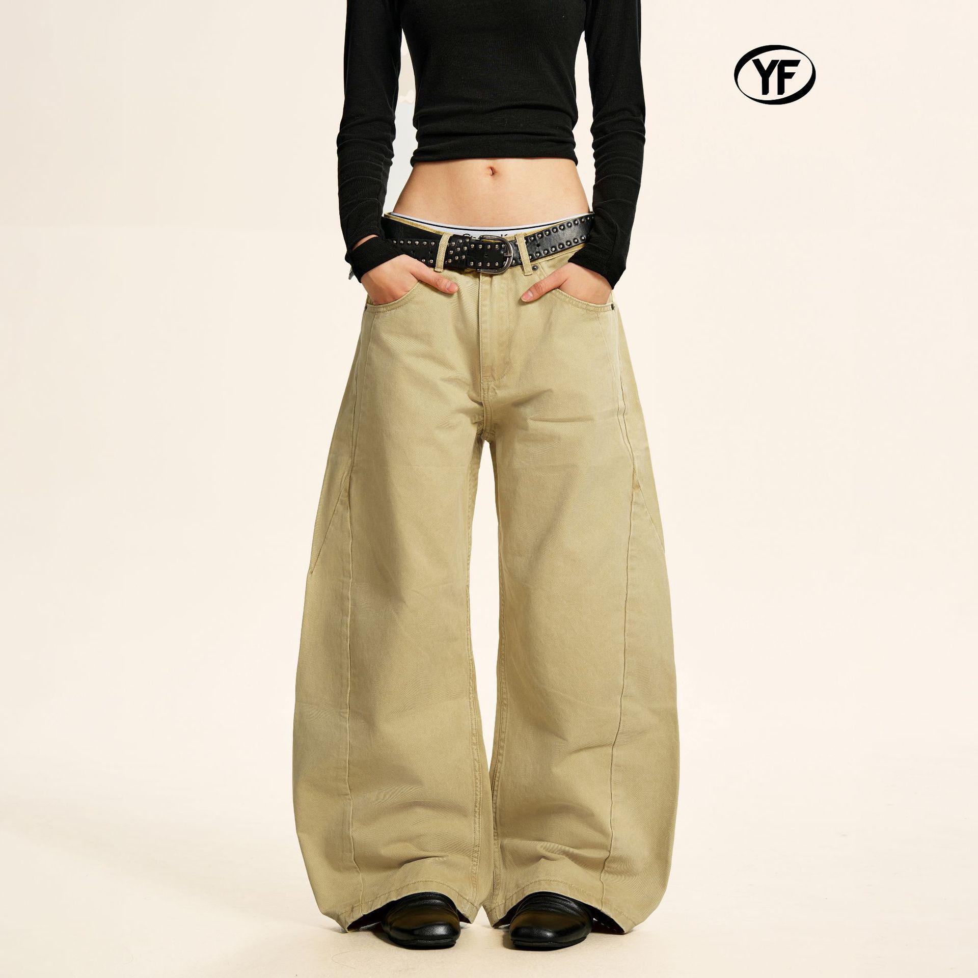 Yongfang Unisex Retro Sand Work Pants with Loose Fit and Arc Stitching Design L