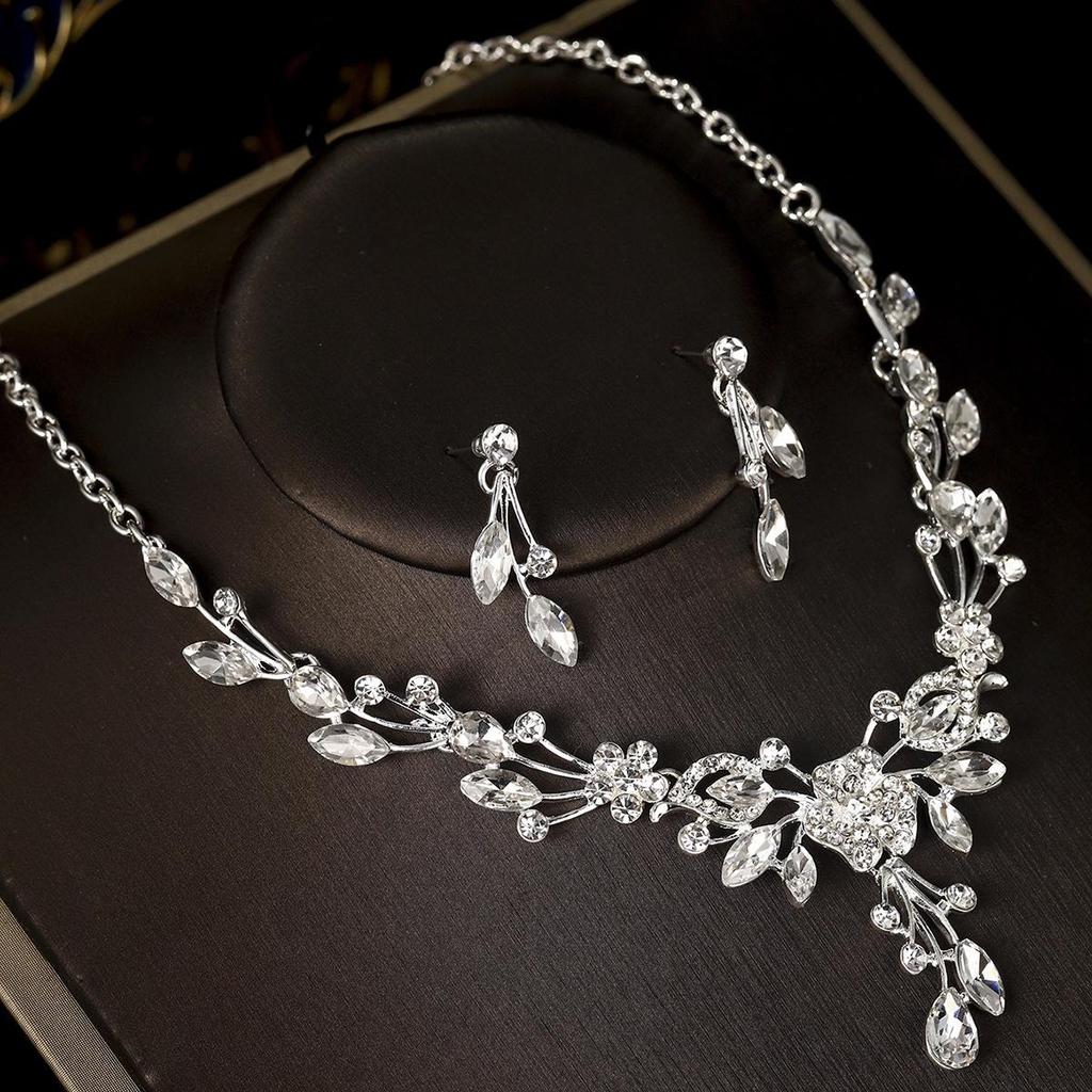 Vintage Crystal Floral Teardrop Bridal Necklace & Earring Set - Elegant Evening Jewelry