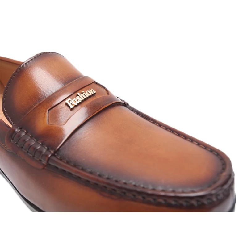 Fashion Men's Brown Genuine Leather Slip-On Loafers Retro British Style Low Heel Comfortable Indoor Banquet Shoes Small Leather Footwear