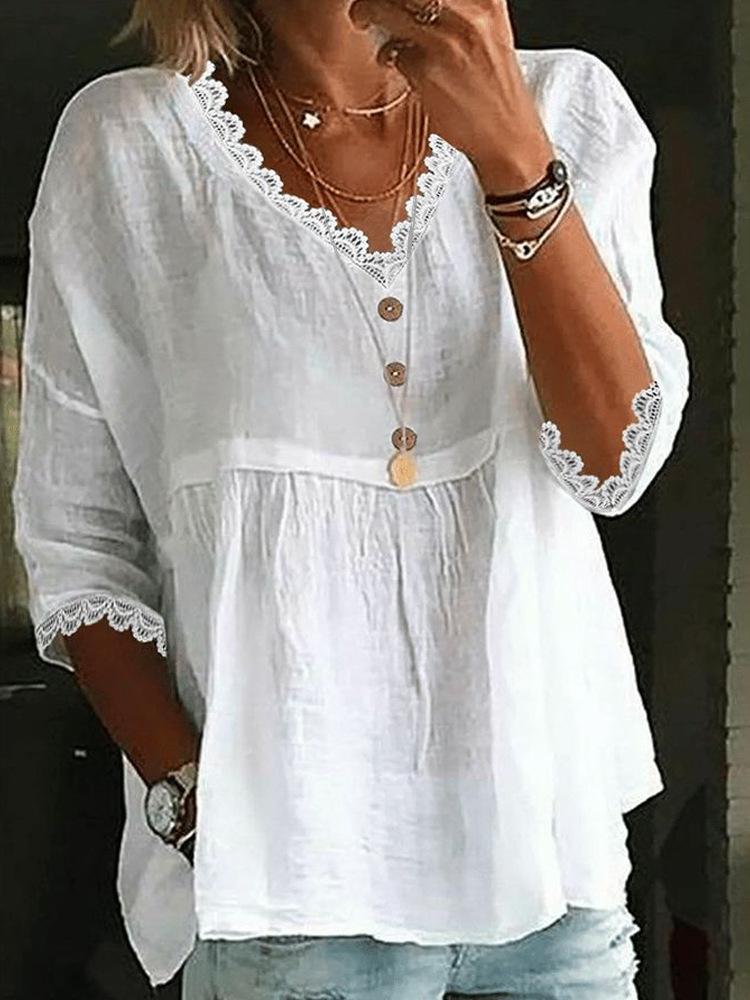 Blusa pullover casual da donna con scollo a V, manica a 3/4 e finiture in pizzo