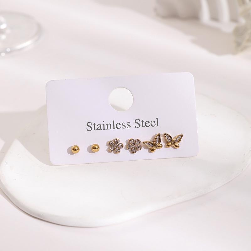 Stainless Steel Stud Earrings Set with Zirconia: Butterfly, Star, Heart & Four-Leaf Clover Designs