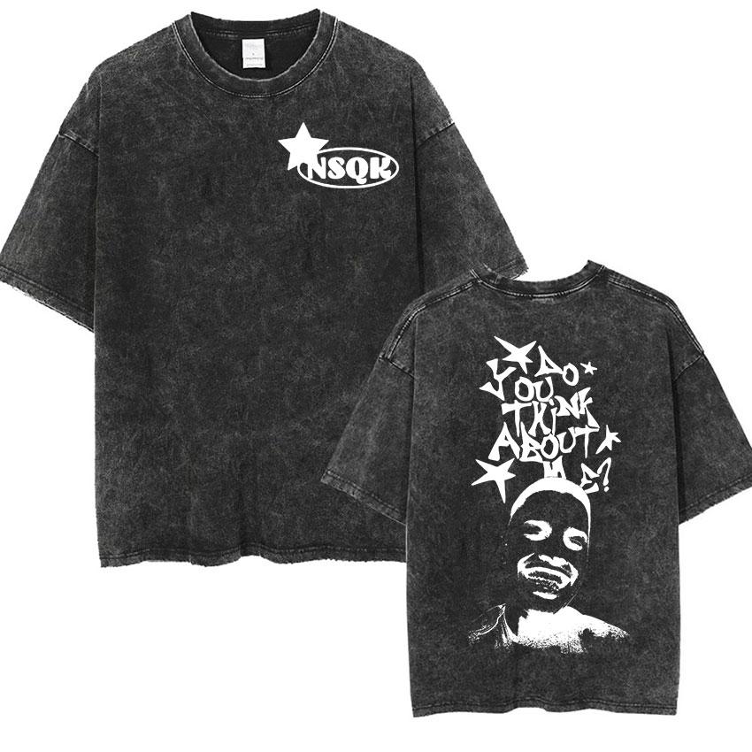 T-shirts vintage délavés pour hommes Rapper NSQK AOOU THNK ABOUT ME 2025 Mode Hip Hop Col Rond Manches Courtes T-shirt Unisexe Streetwear